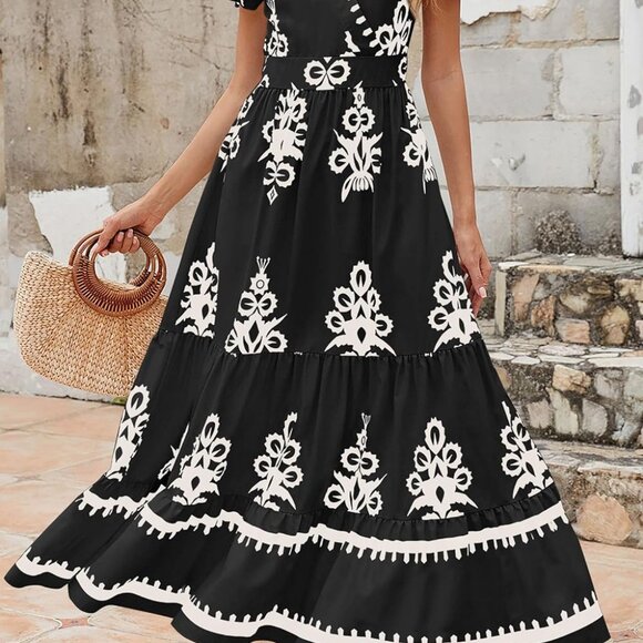 Women's Summer Boho Maxi Dress V-Neck Floral Flowy A-Line Pockets - Picture 9 of 9